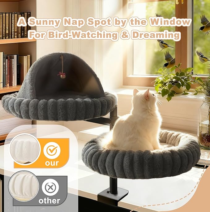 Dogpals 2-in-1 Cat Desk Bed: 360° Rotating & Height Adjustable Cat Tree with Semi-Enclosed & Open Layers, No-Drill Clamp for Desk up to 1.18" Thick, Supports 9lbs for Office, Grey