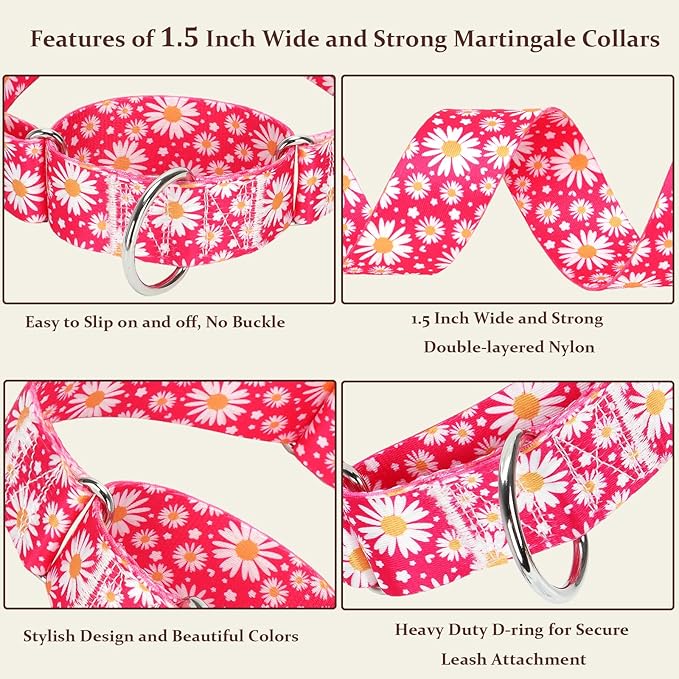 1.5 Inch Martingale Dog Collar - No Pull Daisy Design Nylon Training Collar for Medium, Large & XL Dogs | Heavy Duty Adjustable Choke-Free Collar for Large Breed Pets (Hot Pink Daisy M