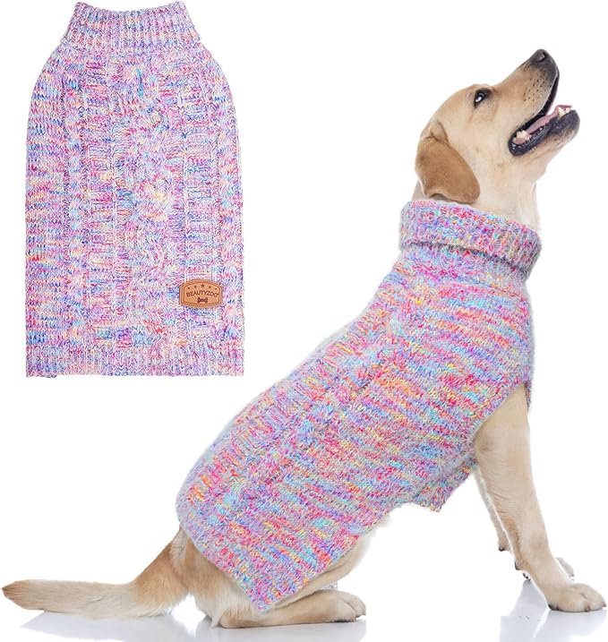 BEAUTYZOO Small Dog Sweater -Turtleneck Pullover Classic Cable Knit Fuzzy Winter Coat Dog Cold Weather Clothes for Small Medium Dogs Puppy Girl Boys(Rainbow Pink, M/L)