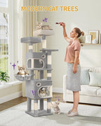 62.6" Cat Tree for Indoor Cats, Cat Tower, Multi-Level Cats Condo with 8 Scratching Posts, 3 Platforms, 2 Caves, Basket, Plush Balls, Sisal Rope, Anti-Tip Kit, Light Grey MS15918LG