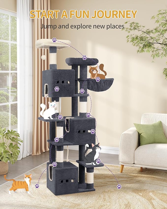 76" Cat Tree, Large Cat Tower for Indoor Cats, Multi-Level Cats House Furniture with 2 Platforms, 3 Condos, 7 Scratching Posts, 1 Basket, 3 Caves, Pompoms, Dark Grey MS19218SG