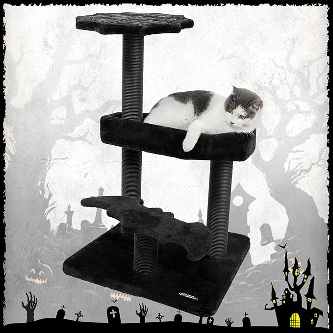 KAMABOKO Gothic Cat Tree, 30.3in Black Cat Tower with Coffin Bed, Cat Condo with Sisal Scratching Posts, Scratching Ramp and Comfort Basket for Indoor Cats