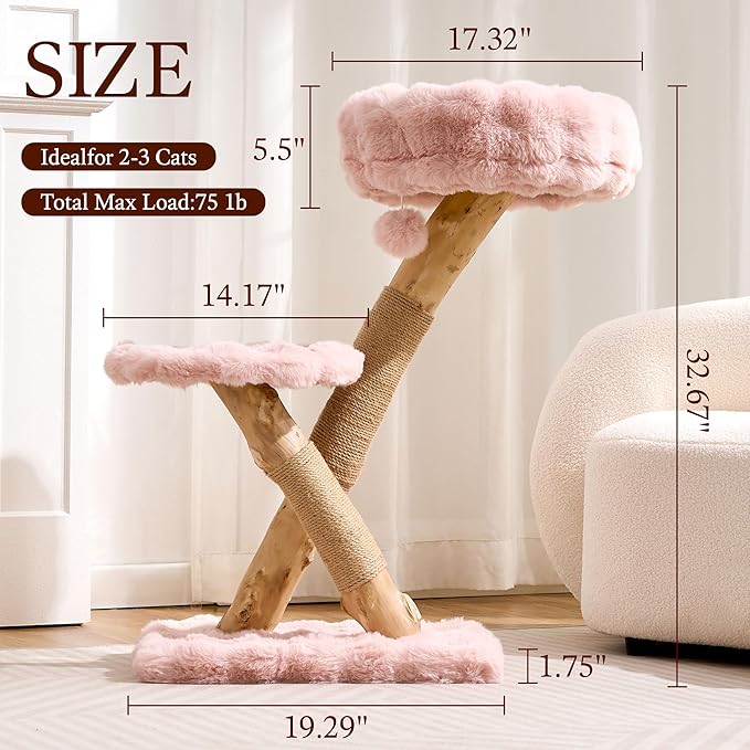 HITTITE Natural Solid Wood Cat Tree Tower with Scratching Post, 32 Inches Tall Modern Cat Tower with Cozy Bed and Platforms, Luxury Real Branch Cat Tree for Indoor Cats Large Adult, Pink.