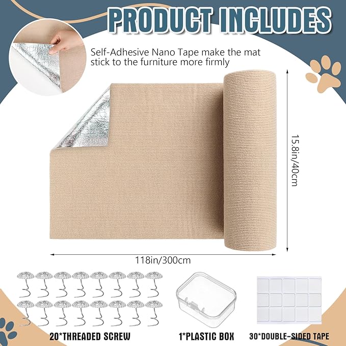 Abbylike 2 Pcs Cat Scratch Furniture Protector 118 x 15.8 in Trimmable Self-Adhesive Couch Protector Cat Scratcher Mat DIY Anti Scratch Pad Covering Climb Mat for Towers Replacement Pad(Khaki)