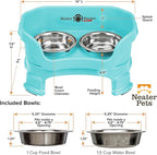 Neater Feeder Deluxe Mess-Proof Elevated Cat Bowls, 2 Height Adjustable (6” & 7.5”) No-Spill Raised Cat Bowl Stand, Whisker Friendly Stainless Steel Dishes for Indoor Cats, Made in USA, Aquamarine
