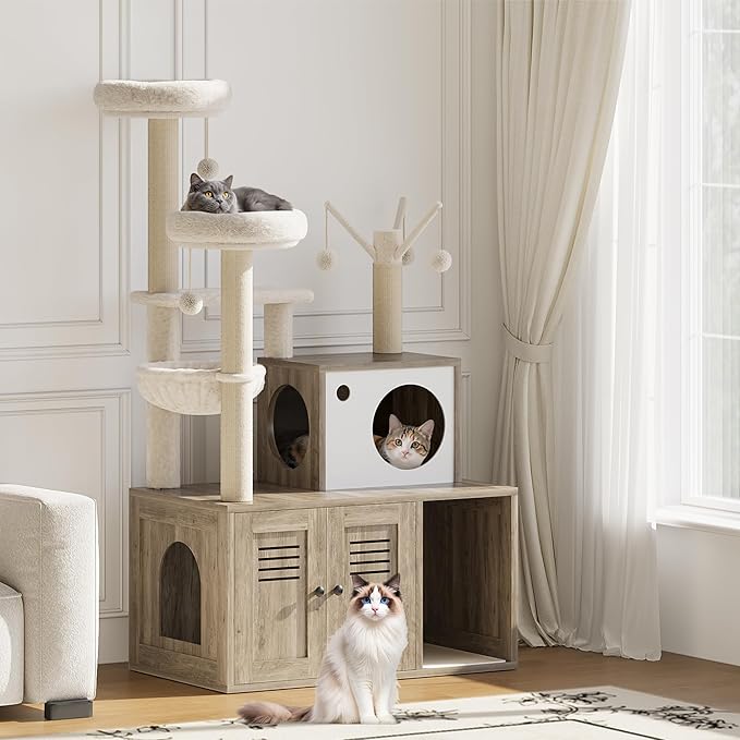 Multi-Level Cat Tree for Indoor Cats, Cat Tower with Hidden Litter Box Cabinet, Condo with Sisal Scratching Posts, Plush Perches, Hammock, and Hanging Toys, Gray