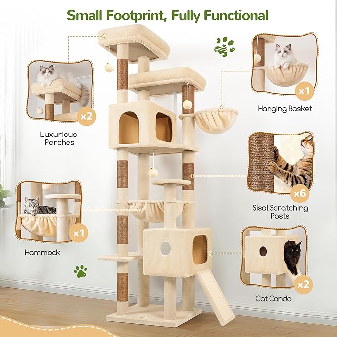 Globlazer 80 Inch Cat Tree for Large Cats, Stable Multi-Level Cat Tree with 2 Condos & Sisal Scratching Posts for 2-3 Cats, Thickened Base Space Saving Cat Tree Tower, F80G, Beige