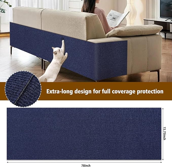 Cat Scratch Furniture Protector – DIY Climb Scratch Mat, Couch Protector from Cat Claws, Trimmable Self-Adhesive Carpet for Sofa, Furniture, Cat Tree (Dark Blue, 78.7" x 15.8")