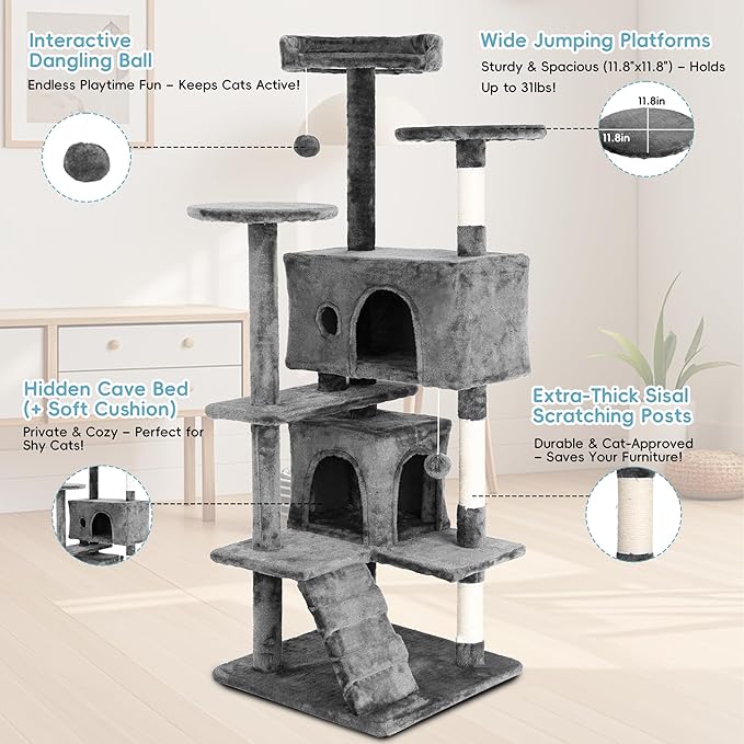 Cat Climbing Tower, Cat Jumping Platform Space Saving Cat Condo Pet Play House for Indoor Cats, 54", Ashy