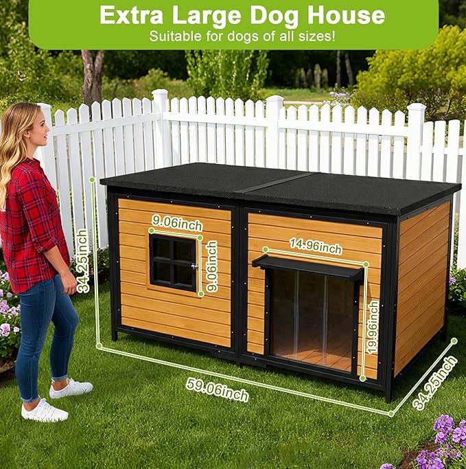 59" Dog House, Extra Large Dog House with Weatherproof Roof for Outdoor Use, Easy to Install and Clean, Anti-Chewing Metal Frame Design for Small Medium Large Dogs