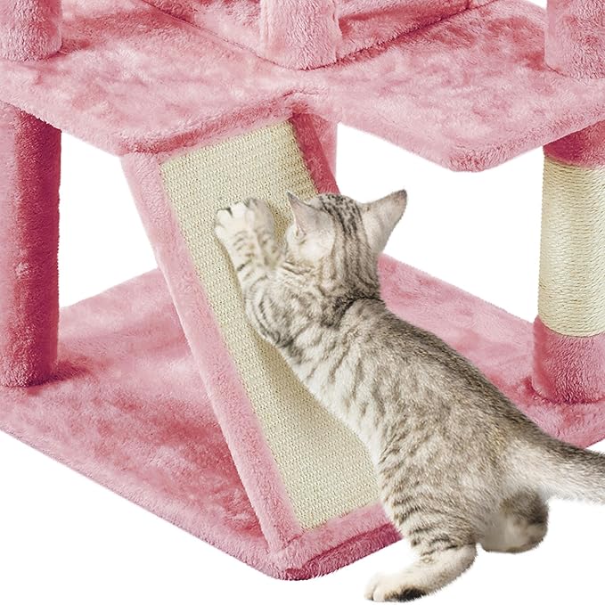 Yaheetech Cat Tree, 57 inches Cat Tower with Double Condo, Scratching Board and Basket, Cat Furniture for Indoor Cats Kitten- Pink