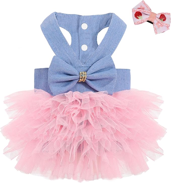 Dog Dress, Fashion Puppy Tutu Princess Dresses for Small Dogs Girl, Sweet Skirt with Dog Bowknot Clips, Spring Dog Cat Clothes Pet Apparel (Denim Dress Tutu, X-Small)