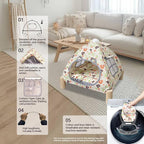 2-in-1 Elevated Cat Tent Cat House, Quick Assembly and Disassembly, Portable Indoor/Outdoor Cute Cat Bed Cave-Butterfly and Flower