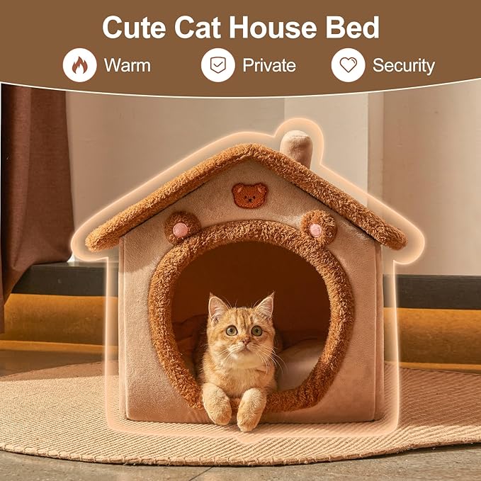 JIUPETY Cute Cat Beds for Indoor Cats, Foldable Cat House with Non-Slip Bottom, S Size Kitten Bed for 0-6 Lb Dogs and 0-8 Lb Cats, Brown