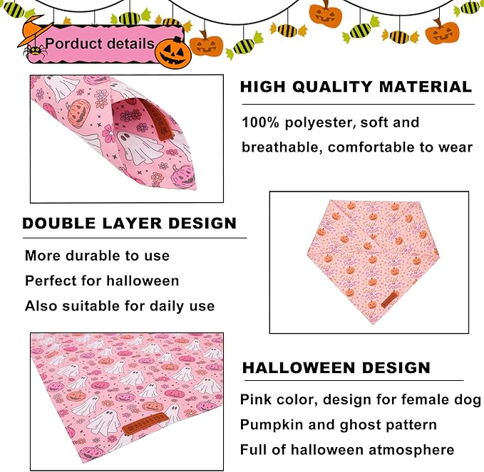ADOGGYGO Halloween Dog Bandana, Pink Pumpkin Ghost Scarf, Adjustable Fit Female Halloween Bandanas for Large X-Large Dogs Pets (X-Large)