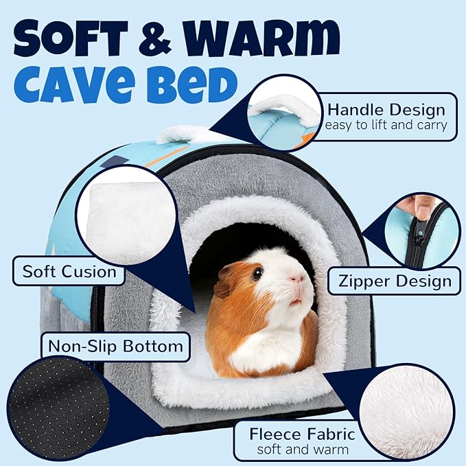 Pet Soft Guinea Pig Hideout, Washable Guinea Pig Bed Cozy Small Animals House Cave Accessories for Rabbits Hamster Rats Chinchilla (Blue&Grey)