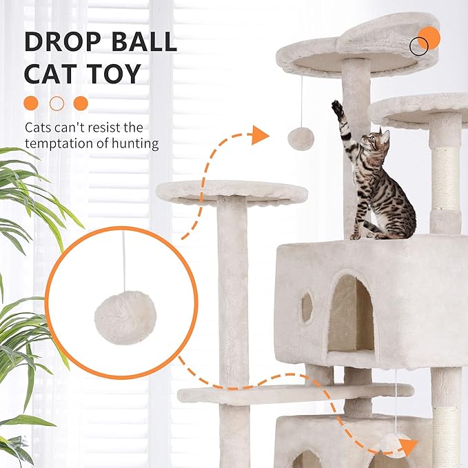 Heavy Duty Cat Tree with 70-Inch Tall Tower, 3 Perches & 2 Cozy Condos, Sisal Pole & Ladders for Large Cats, Beige