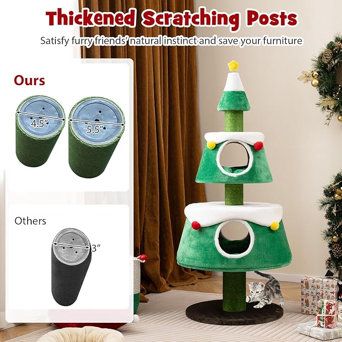 Tangkula Cat Christmas Tree, 60 Inch Cat Tower with Sisal Scratching Posts, 2 Condos with Removable Soft Cushions, Cute Star-Shaped Spring Toy, Holiday Cat Tree for Indoor Cats