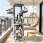 Multi-Level Large Cat Tree, 68-Inch Cat Tower for Indoor Cats, Plush Multi-Color Cat Condo with 4 Scratching Posts, 2 Perches, 2 Caves, Hammock, Pompom，Extra Large Top Perch (Gray)