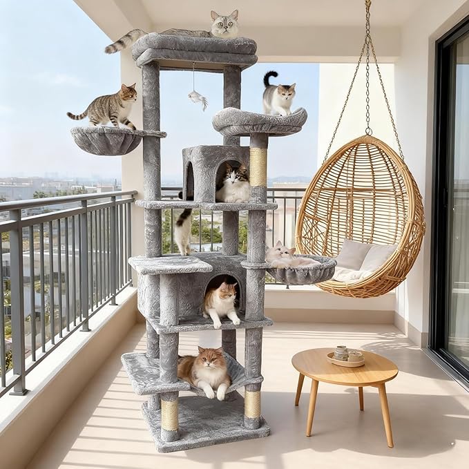 Multi-Level Large Cat Tree, 68-Inch Cat Tower for Indoor Cats, Plush Multi-Color Cat Condo with 4 Scratching Posts, 2 Perches, 2 Caves, Hammock, Pompom，Extra Large Top Perch (Gray)