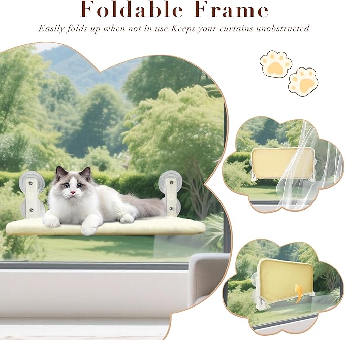Cat Window Perch Hammock - Foldable Cordless with 4 Suction Cups for Indoor Cats, Space Saving Design,Reversible Cover with Two Different Kinds of Fabrics,40Lbs Load Capacity (52CM)