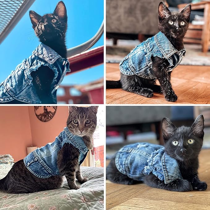 Dog Jean Jacket, Blue Denim Lapel Vest Coat T-Shirt Costume Girl Boy Puppy Clothes, Comfort and Cool Apparel for Small Medium Dogs Cats