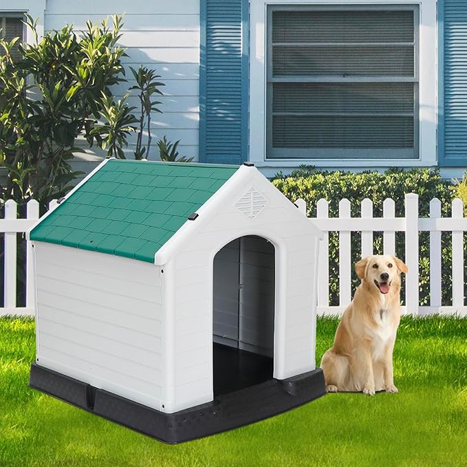 ZENY Plastic Dog House - Waterproof Dog Kennel with Air Vents and Elevated Floor All Weather Indoor Outdoor Insulated Doghouse Puppy Shelter, Easy to Assemble (Green, 28inch)