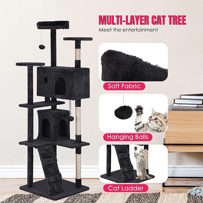 24/7 Shop at Home Court 70 inch Multi-Level Cute Cat Tree Tower with Dangling Ball and Scratching Posts for Indoor Cats Adults, Kitten Supplies, Pet House, Dark Gray