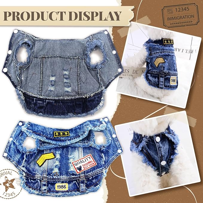 Cool Dog Jean Jacket Small Puppy Outfits Frenchie Clothes Denim Coats for Small Medium Dogs Cats Boys Girls Pet Vest Dog Shirt Clothing Doggy Costume (Blue Print, XL（Suggest 12-16 lbs）)