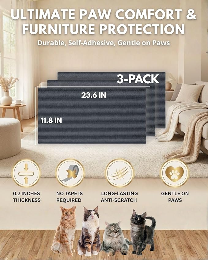 Trimmable Self-Adhesive Cat Scratch Mat, DIY Climb Scratcher for Cat Tower, Couch, and Furniture Protector, Replacement Pads (Dark Grey, 23.6''x11.8'', 3-Pack)