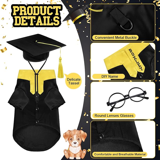 5 Pcs Dog Graduation Costume Set Include 2026 Pet Graduation Gown with Stole Puppy Grad Cap Lensless Glasses DIY Letter Stickers for Dogs Cats Holiday Costume Accessory(Black Yellow,XXL)