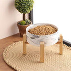 Elevated/Raised Dog Bowl Ceramic with Wood Stand for Medium Large Breed,Dog Food Water Dish Heavy Weighted, 8 in Non Slip Porcelain Pet Bowl Extra Big Marble Grey