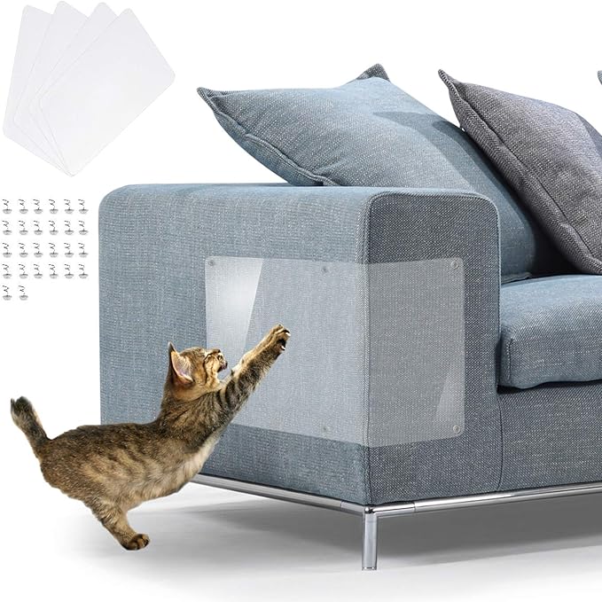 In hand Furniture Scratch Guards, 4PCS X-Large Premium Flexible Vinyl Cat Couch Protector Guards with Pins No Adhesive for Protecting Your Upholstered Furniture, Cat Scratch Deterrent Pad