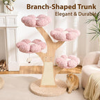 Aesthetic Flower Cat Tree Tower with Scratching Post for Indoor Cats, 48" Modern Cat Tree with Wood Sculpted Branch, Flower Cat Beds, Scratching Board & Interactive Squeaky Toy, Sakura Pink