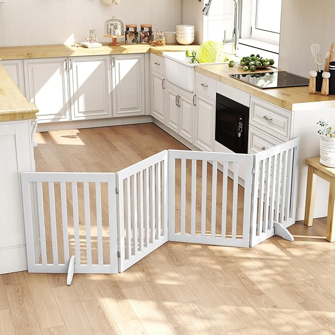 24”H Freestanding Dog Gates for The House, Wooden Pet Gates for Doorways, Extra Wide Dog Gate for Stairs, Support Feet Included, 80 inch Wide 4 Panels, Indoor Use, White