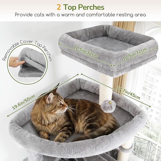 Globlazer Heavy Duty Cat Tree, 83 Inch Giant Cat Tower with 7 Scratching Posts, Multi-Level Large Cat Condo for Indoor Cats Large Adult, 2 Perchs, 3 Sturdy Hanging Baskets, Cat Toys, F83C, Light Grey