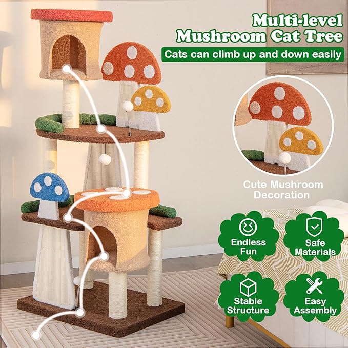 Mushroom Cat Tree, Multi-Layer Cat Tower with 2 Condos & Platforms, Cat Activity Center with Full-Wrapped Sisal Posts, Sisal Scratching Boards & Interactive Balls for Indoors (57.5")
