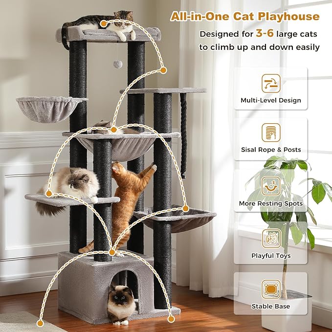 PETEPELA 67" XXL Cat Tree for Large Cats up to 25 lbs, Heavy Duty Cat Tower w/13 Extra-Thick Sisal Scratching Posts [φ4.3”], Cat Furniture with Metal Frame Hammock & XL Condo for Maine Coon, Black