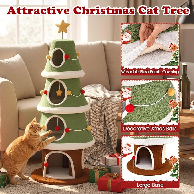 PETSITE 61 Inches Cat Christmas Tree, Cute Christmas Cat Tower with 4 Condos, Colorful Ornaments, Sisal Board, Dangling Ball, Spring Toy, and Star-Shaped Spring-Type Top, Ideal for Indoor Cats