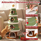 PETSITE 61 Inches Cat Christmas Tree, Cute Christmas Cat Tower with 4 Condos, Colorful Ornaments, Sisal Board, Dangling Ball, Spring Toy, and Star-Shaped Spring-Type Top, Ideal for Indoor Cats