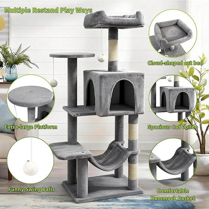 Pawly 46.5" Compact Space Saving Cat Tree for Small Apartment, Premium CARB P2-Compliant Particle Board, 350G Plush Sisal Cat Tower with Condo & Hammock for Indoor Kittens & 1-2 Cats