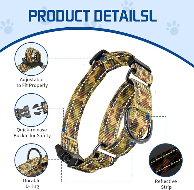 Kazazoo Reflective Martingale Collar for Dogs with Quick Release Buckle Adjustable Soft Durable Dog Collar for Small Medium Large No Pull Training Dog Collars-Camo L