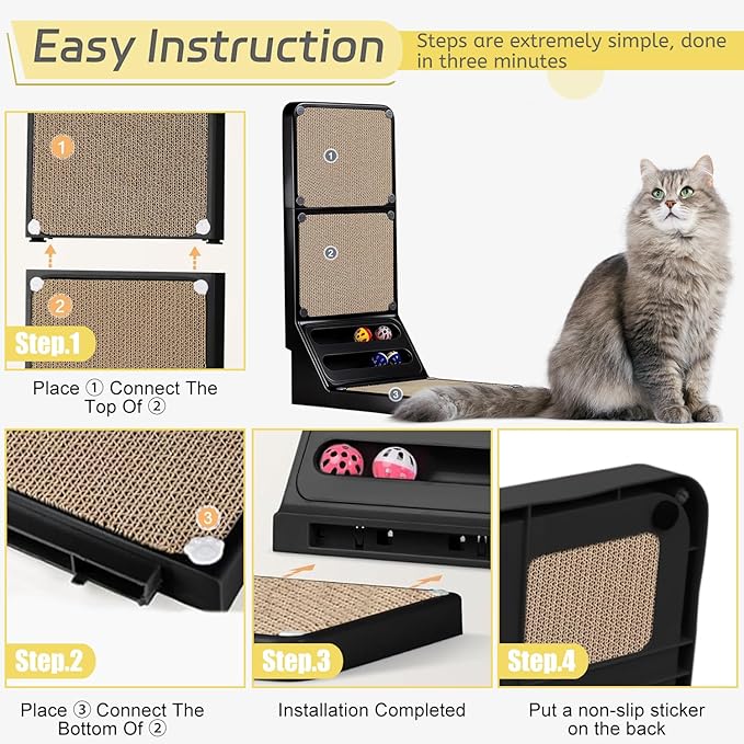 Cat Scratcher Cat Scratch Pad L Shape Wall Mounted Dual Use (Vert/Horiz) Kitten Bunifa Scratching Card Board Vertical Post with Ball Toys Feathers,Protecting Furniture Core is Replaceable Large Black