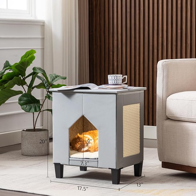 Cat House for Indoor Cats Condo,Cat Furniture with Large Area Scratch Pad，Leather Cat Bed Side Table & Nightstand for Living Room and Bedroom Decoration,Grey