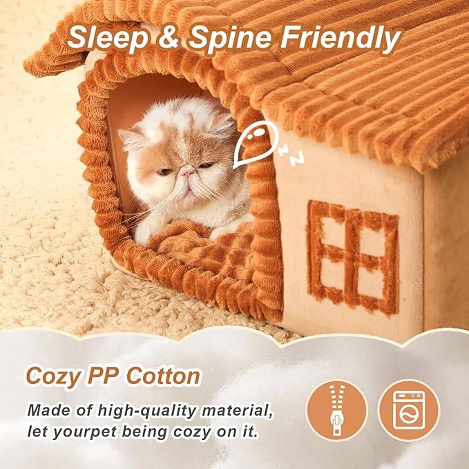 Jiupety Bear Cat Houses for Indoor Cats, Chimney Cute Cat Bed Cave, Enough Interior Space, Cartoon Soft Pet House Up to 3-10 lbs Kitten, Brown