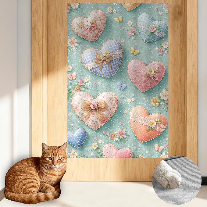 Nuxovilar Cat Scratching Mat 15.3x23.6 Inches Polyester Synthetic Fiber, Floral Hearts & Butterflies Print, wall cat Scratcher, Scratch pad, Home Decor, Bedroom, Living Room (2pcs)
