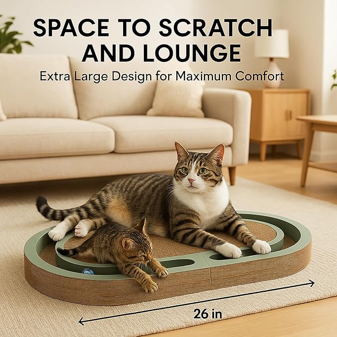 Extra Long 26" Folding Cat Scratch Pad with Chasing Balls Double Sided Interactive Cardboard Cat Scratcher Cat Scratching Board for Cats Cardboard Scratching Pads for Indoor Cat Toy