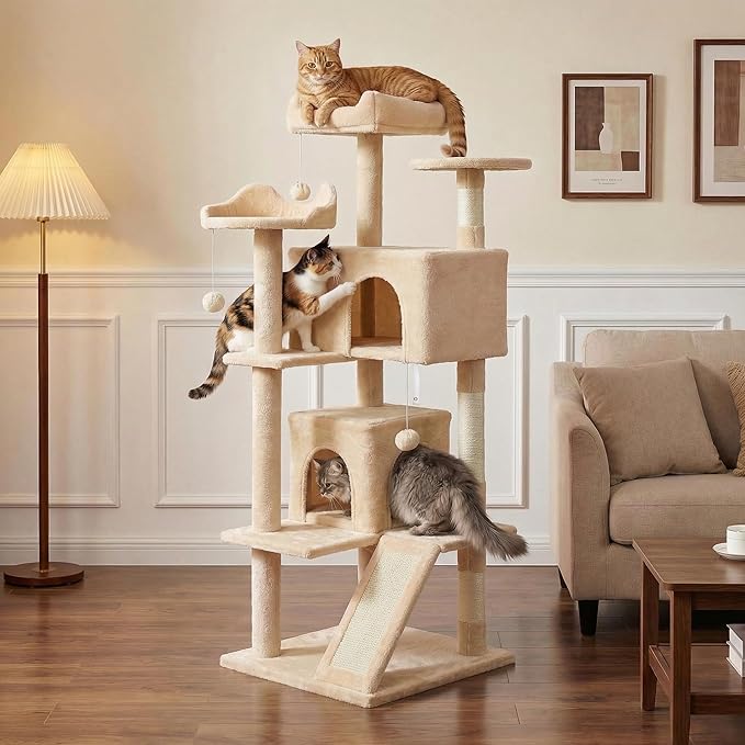 Pawly 52.5" Large Cat Tree with 2 Condos & Sisal Ramp, Premium CARB P2-Compliant Particle Board, 350G Plush Sturdy Cat Tower for Large Breeds, Senior Cats & Multi-Cat Household, Beige