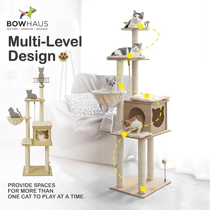 64” Wooden Cat Tree Tower for Indoor Large Cats & Kittens, Modern Tall Cat Climbing Tree w/Cave Condo, Scratching Posts, Hammock, Multi-Level Cat Tower w/Interactive Toy & Detachable Cushion