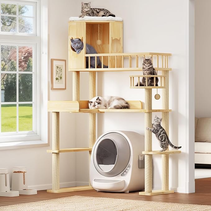 Corner Cat Tree for Automatic Litter Box, 61'' Tall Wood Cat Tower for Self Cleaning Litter Box, Cats Tree for Indoor Cats Large Adult, 6-Level Solid Wood Cat Furnitue w/12Pcs Scratching Post